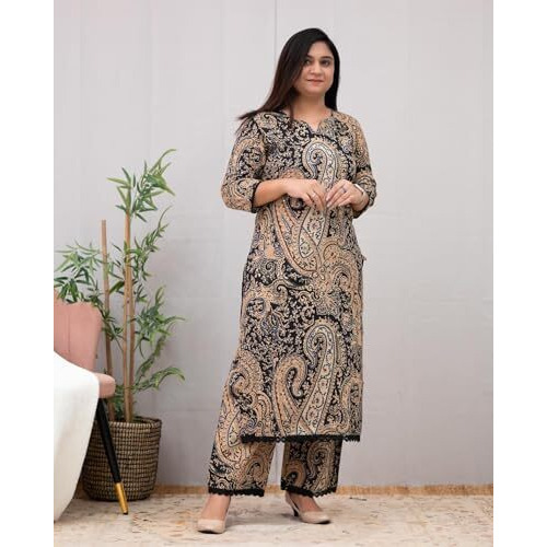 ANNI DESIGNER Women's Rayon Viscose Straight Printed Kurta with Palazzo (Elevate Black_S_Black_Small)