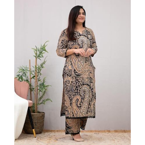 ANNI DESIGNER Women's Rayon Viscose Straight Printed Kurta with Palazzo (Elevate Black_S_Black_Small)