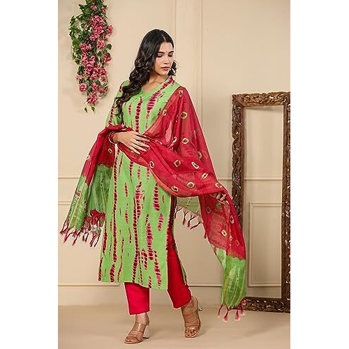 ANNI DESIGNER Women's Rayon Blend Straight Printed Kurta with Pant & Dupatta (SIBORI-Methi-TGD_S_Green_Small)