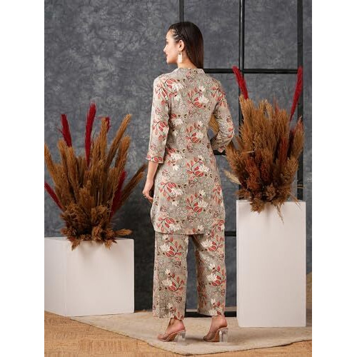 ANNI DESIGNER Women's Cotton Blend Printed Ethnic Co-ord Set (Vanadi Grey_M_Grey_Medium)