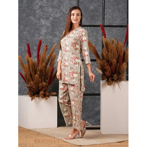 ANNI DESIGNER Women's Cotton Blend Printed Ethnic Co-ord Set (Vanadi Grey_M_Grey_Medium)