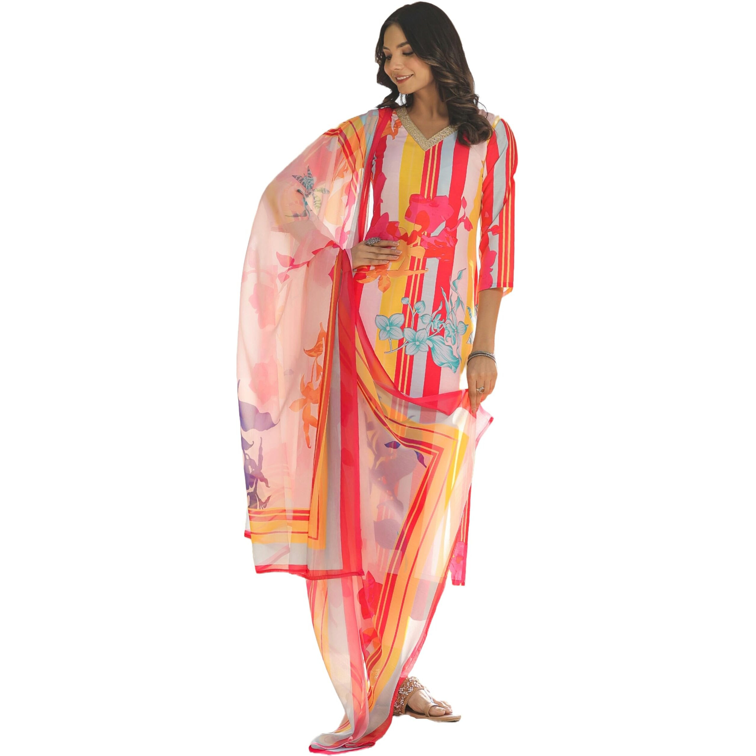 ANNI DESIGNER Women's Cotton Blend Straight Printed Kurta with Pant & Dupatta (Kapila Red_M_Red_Medium)