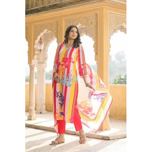 ANNI DESIGNER Women's Cotton Blend Straight Printed Kurta with Pant & Dupatta (Kapila Red_M_Red_Medium)