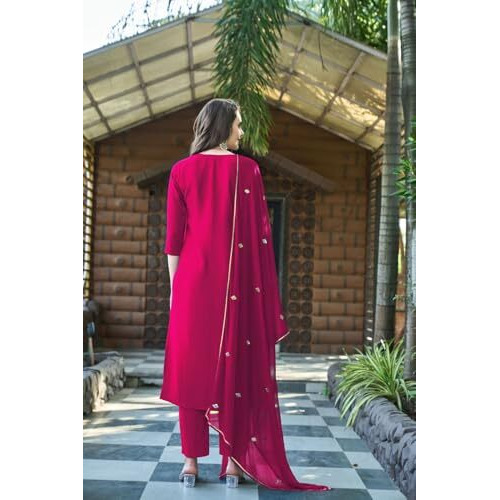 ANNI DESIGNER Women's Rayon Viscose Embroidered Straight Kurta with Pant & Dupatta (Kasturi Pink-VKS03_XL_Pink_X-Large)