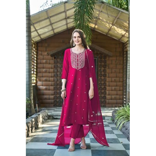 ANNI DESIGNER Women's Rayon Viscose Embroidered Straight Kurta with Pant & Dupatta (Kasturi Pink-VKS03_XL_Pink_X-Large)