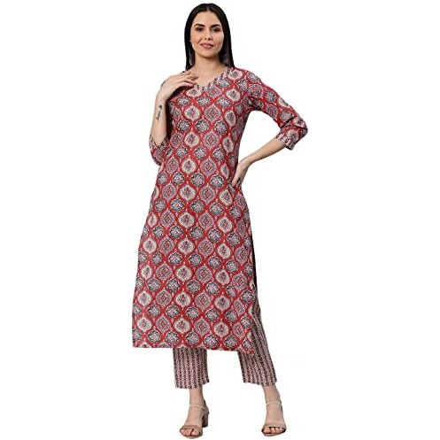 ANNI DESIGNER Women's Cotton Blend Straight Floral Printed Kurta and Pant (Priyani Red-SM_S_Red_Small)