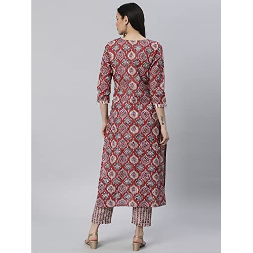 ANNI DESIGNER Women's Cotton Blend Straight Floral Printed Kurta and Pant (Priyani Red-SM_S_Red_Small)
