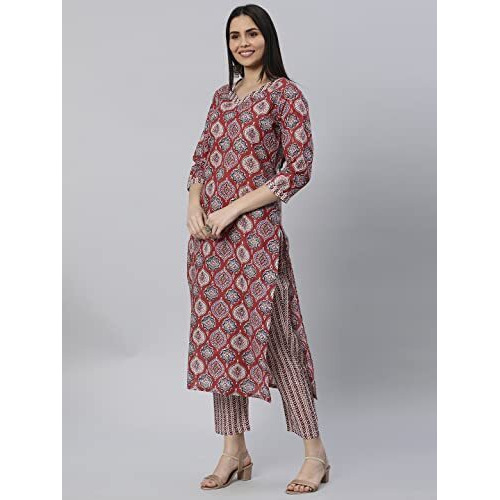 ANNI DESIGNER Women's Cotton Blend Straight Floral Printed Kurta and Pant (Priyani Red-SM_S_Red_Small)