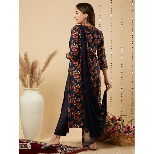 ANNI DESIGNER Women's Cotton Blend Printed Straight Kurta and Pant with Dupatta Set (KALEPING-Blue-NW_S_Blue_Small)