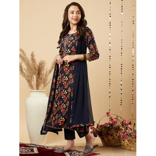ANNI DESIGNER Women's Cotton Blend Printed Straight Kurta and Pant with Dupatta Set (KALEPING-Blue-NW_S_Blue_Small)