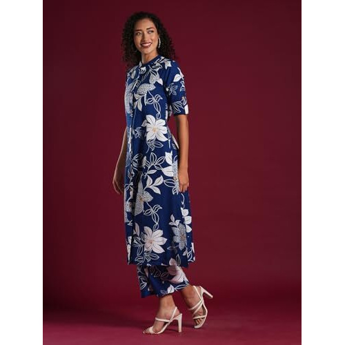 ANNI DESIGNER Women's Rayon Viscose Straight Printed Kurta with Pant (Sunoni Blue-VKS03_S_Blue_Small)