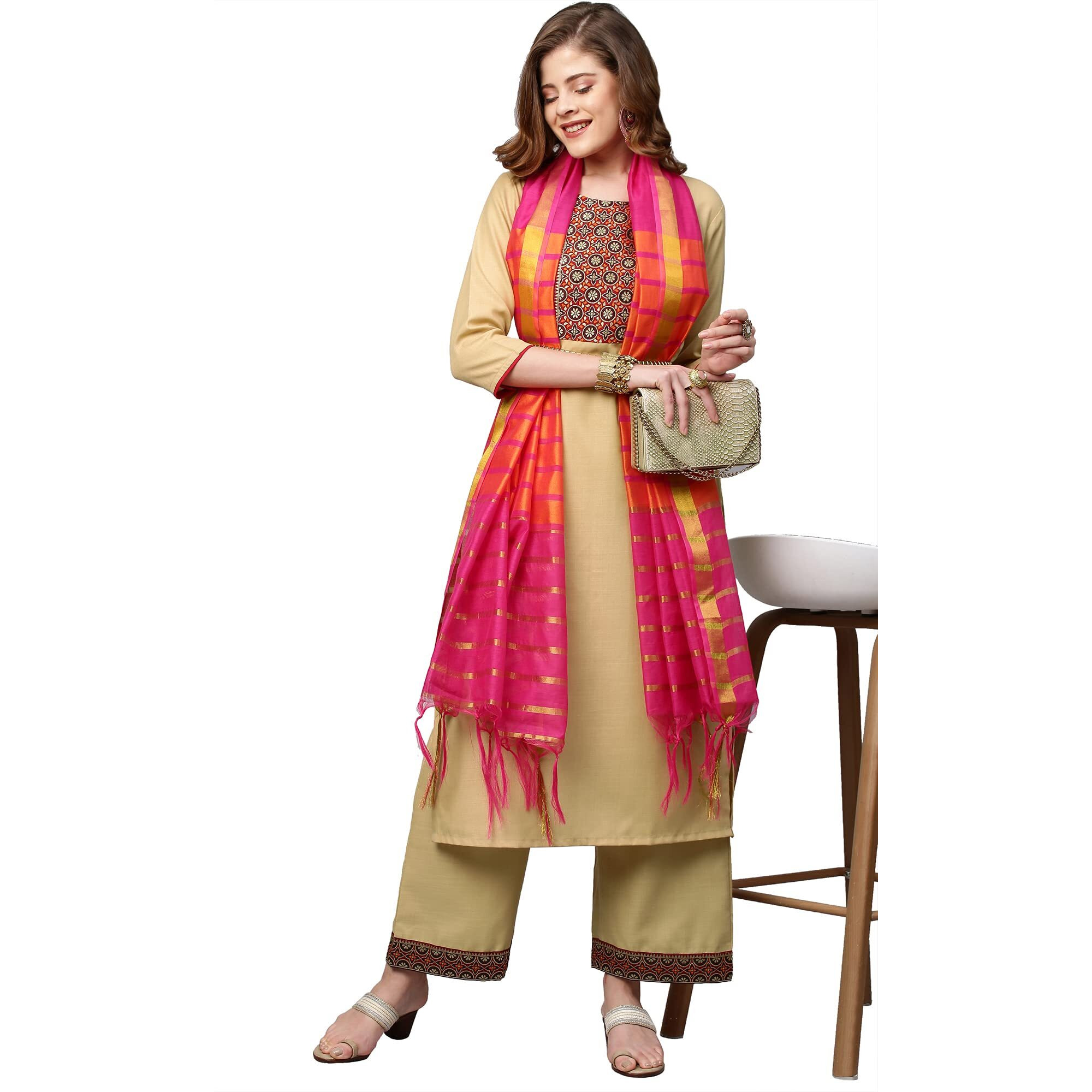 ANNI DESIGNER Women's Cotton Blend Kurta with Palazzo & Dupatta (Zuri_Beige_L)