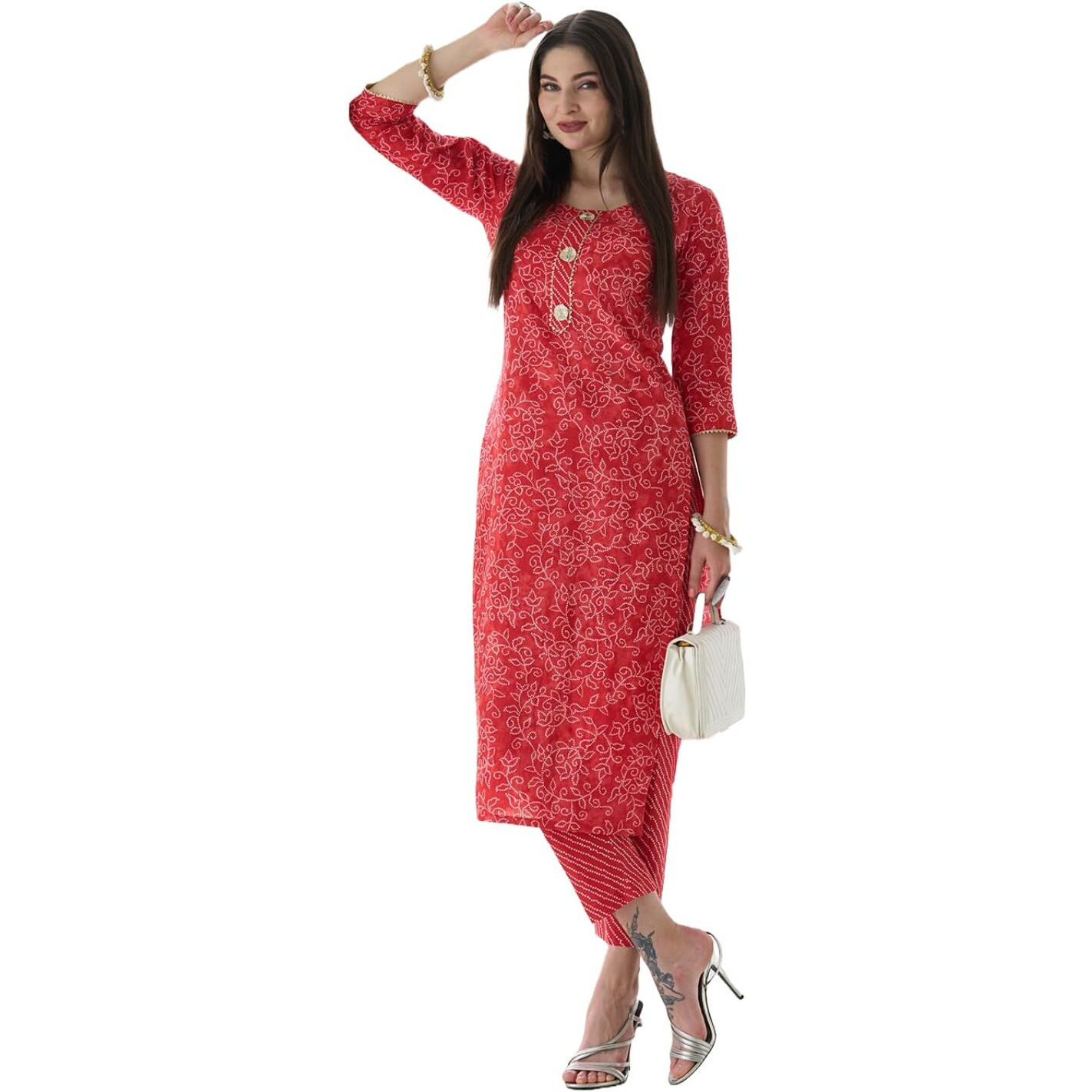 ANNI DESIGNER Women's Cotton Blend Straight Printed Kurta with Pant Set (EDF-RED_XXL_Red_XX-Large)