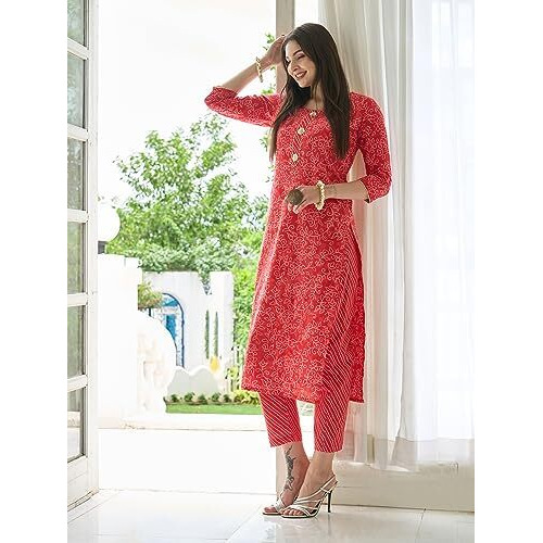 ANNI DESIGNER Women's Cotton Blend Straight Printed Kurta with Pant Set (EDF-RED_XXL_Red_XX-Large)