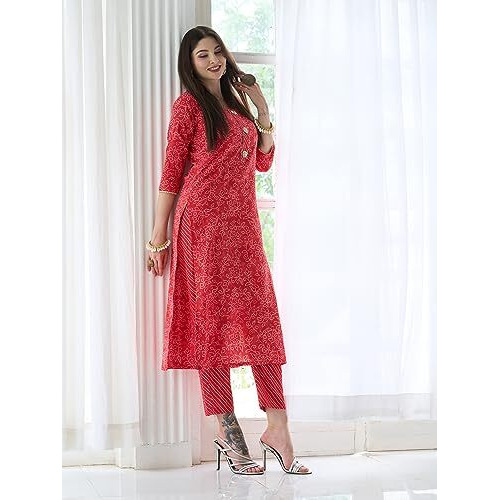 ANNI DESIGNER Women's Cotton Blend Straight Printed Kurta with Pant Set (EDF-RED_XXL_Red_XX-Large)