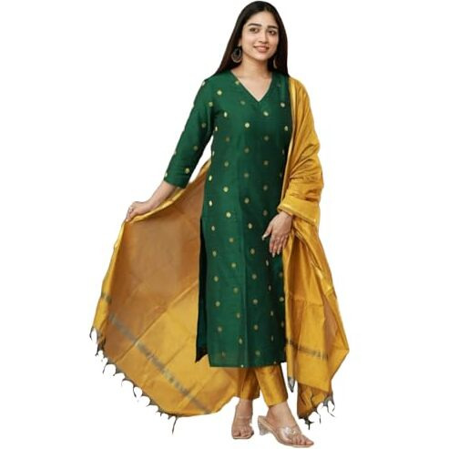 ANNI DESIGNER Women's Rayon Viscose Straight Printed Kurta with Pant & Dupatta (SDF Green_M_Green_Medium)