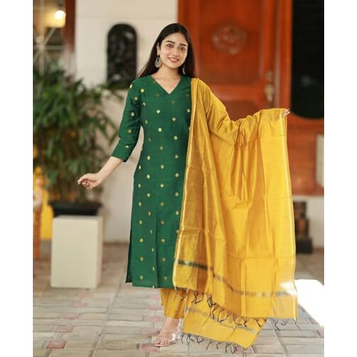 ANNI DESIGNER Women's Rayon Viscose Straight Printed Kurta with Pant & Dupatta (SDF Green_M_Green_Medium)