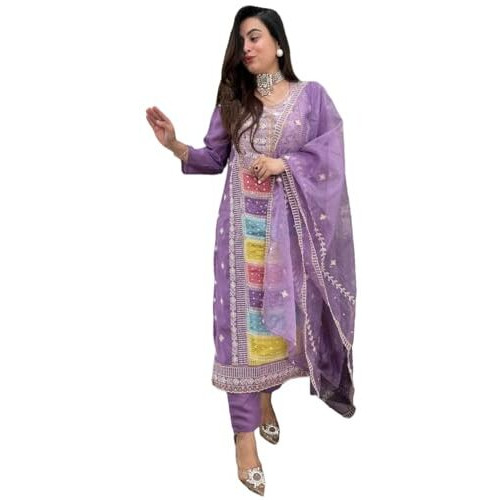 ANNI DESIGNER Women's Rayon Viscose Straight Embroidered Kurta with Pant & Dupatta (Art Purple_L_Purple_Large)