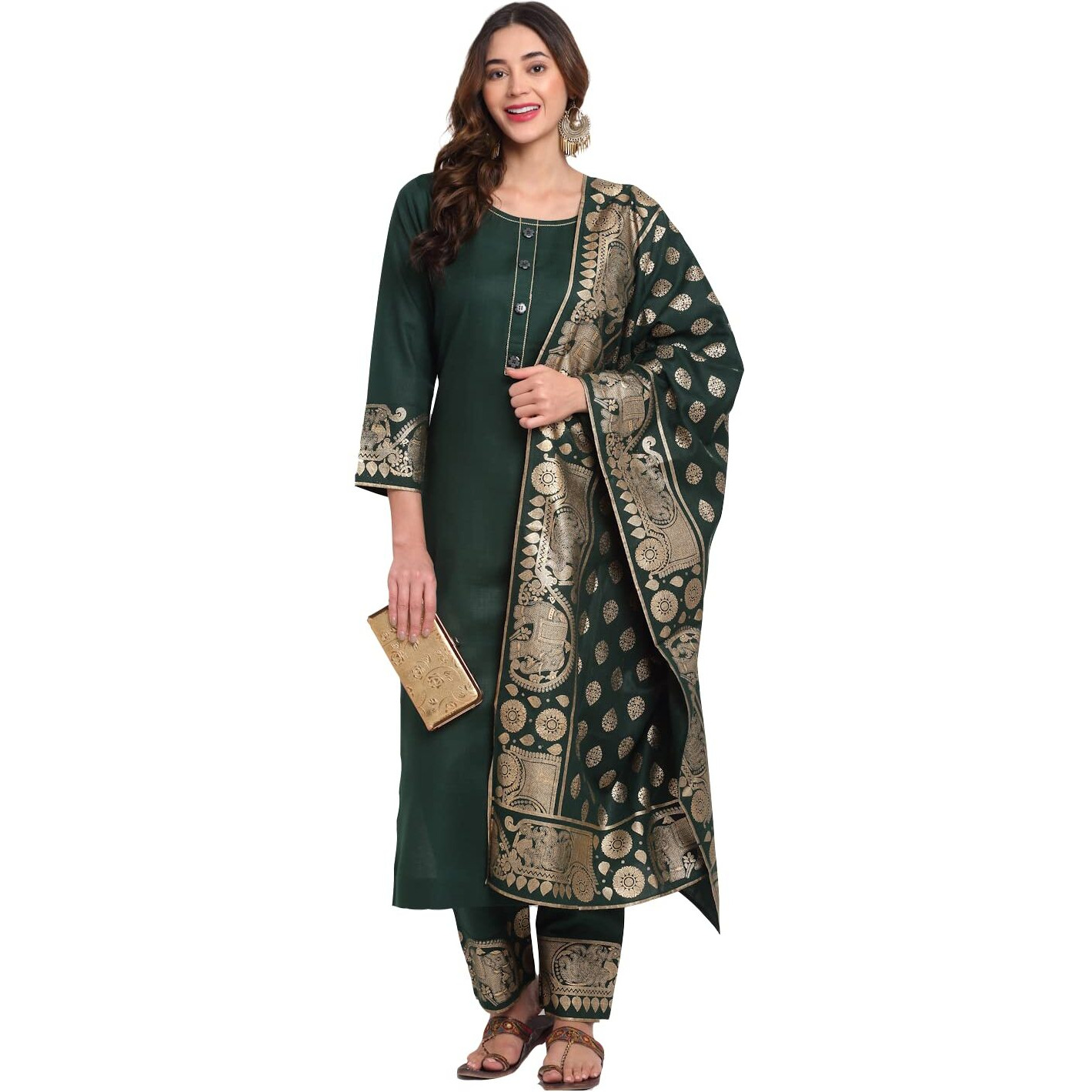 ANNI DESIGNER Women's Cotton Straight Kurta with Palazzo & Dupatta (KPZD-COT-10036-GREEN_S_Green_Small)