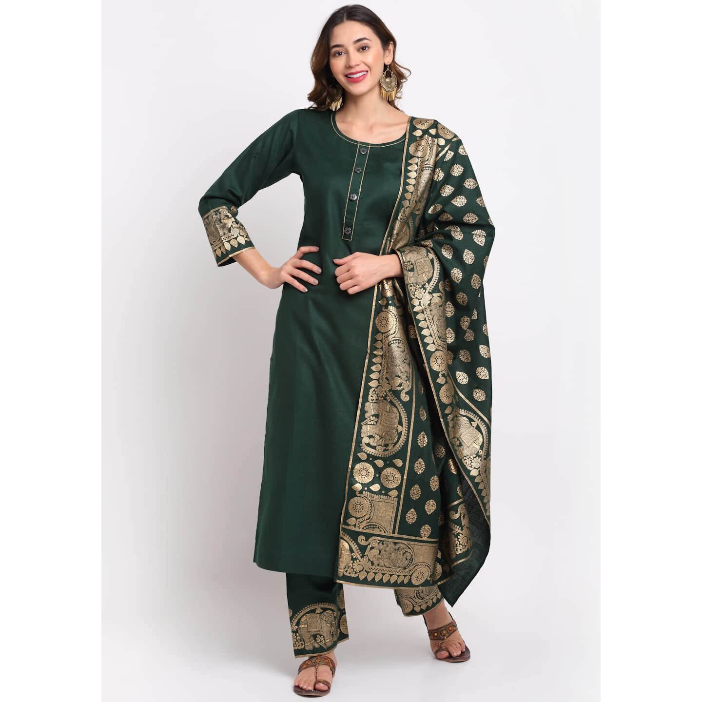 ANNI DESIGNER Women's Cotton Straight Kurta with Palazzo & Dupatta (KPZD-COT-10036-GREEN_S_Green_Small)