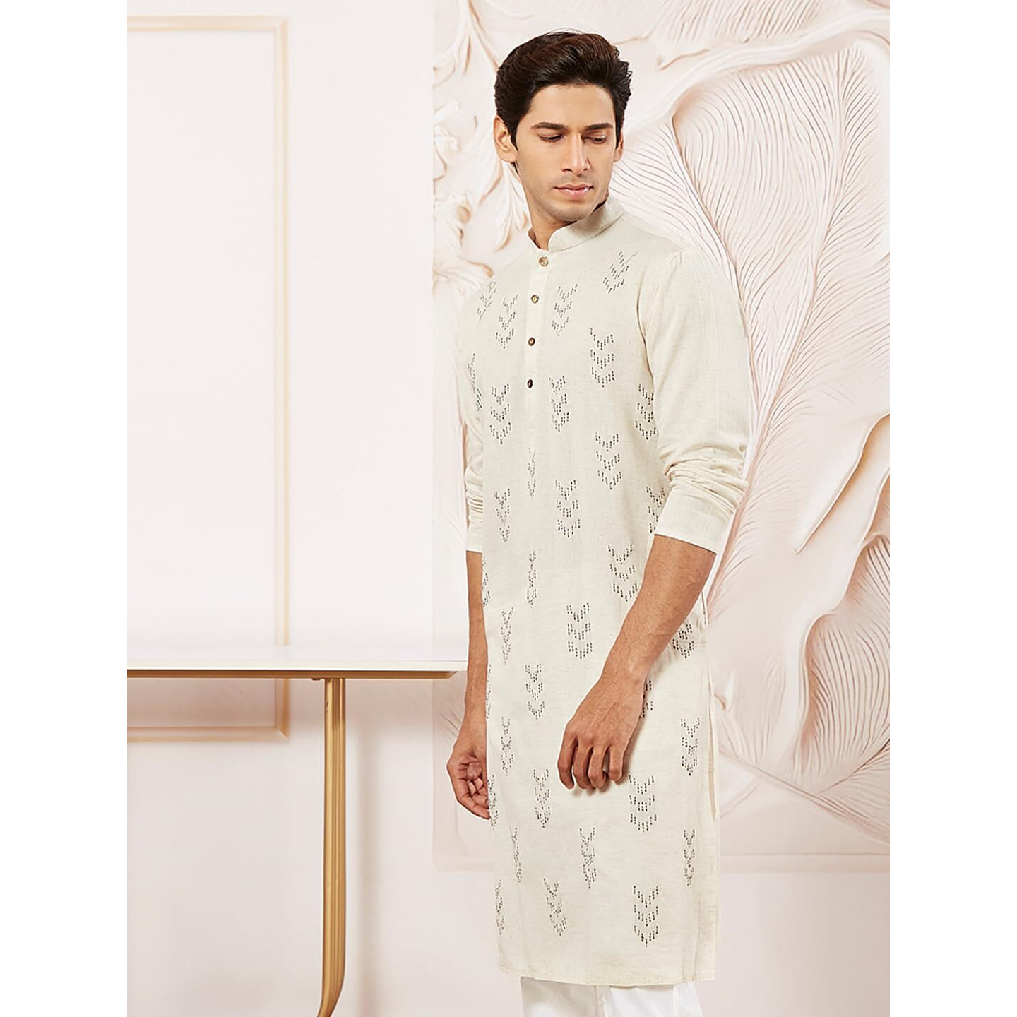 VASTRAMAY Men's Cotton Kurta for Men I Straight Regular Kantha Work Knee Length Kurta I Casual Party Festive Wedding Dressing Style_VSHVMK335CR_40 Cream