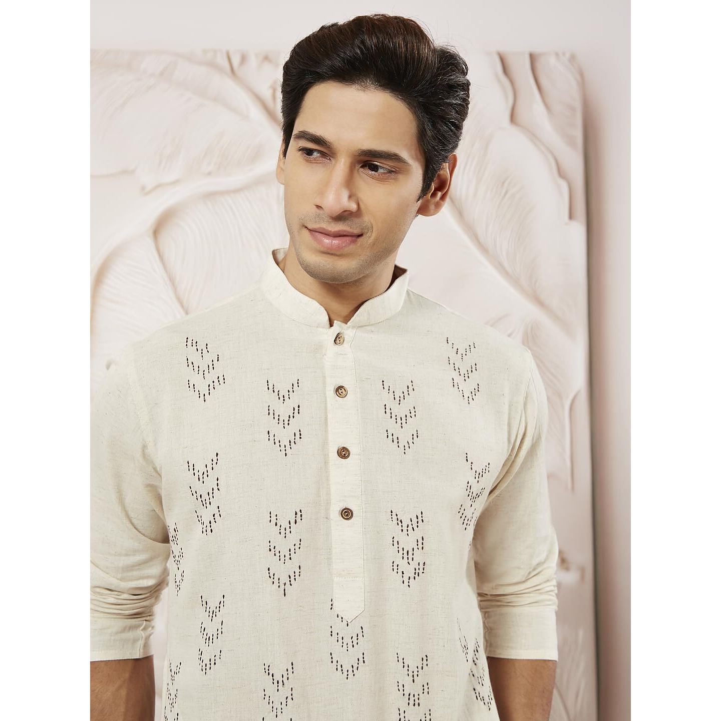 VASTRAMAY Men's Cotton Kurta for Men I Straight Regular Kantha Work Knee Length Kurta I Casual Party Festive Wedding Dressing Style_VSHVMK335CR_40 Cream