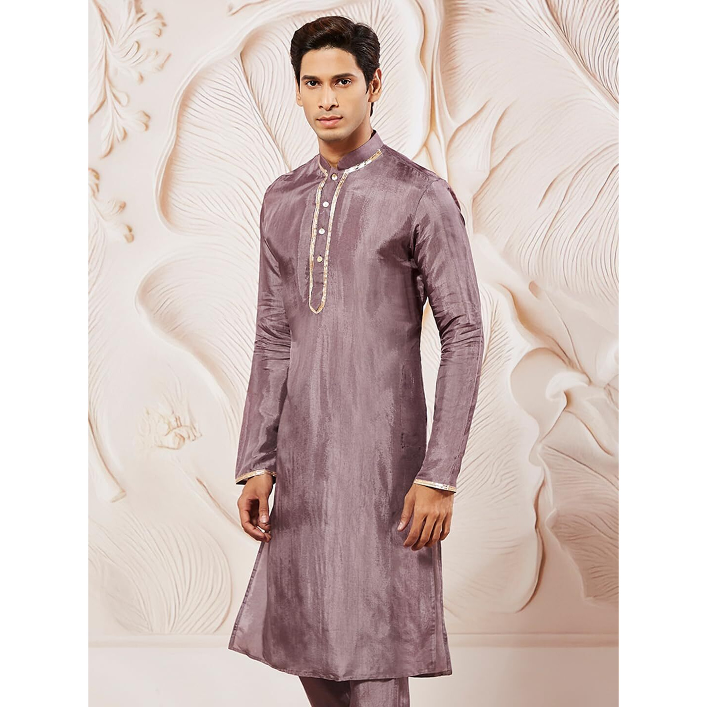 VASTRAMAY Men's Lavender Tissue Silk Kurta Pyjama Set - Perfect for Weddings and Festivals