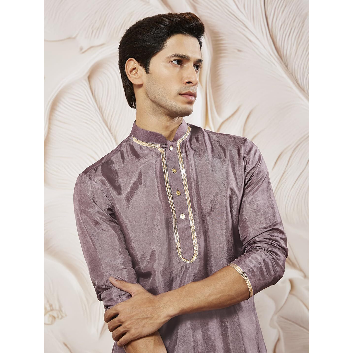 VASTRAMAY Men's Lavender Tissue Silk Kurta Pyjama Set - Perfect for Weddings and Festivals