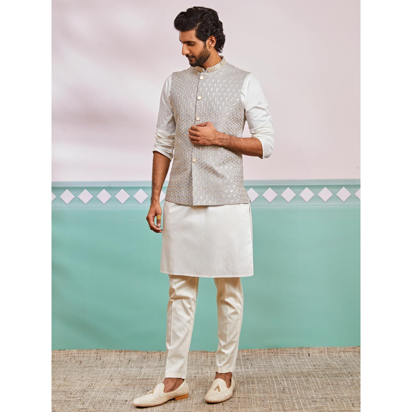 VASTRAMAY Men's Gray - Nehru Jacket - This men's embroidered Nehru jacket,perfect blend of elegance and tradition.