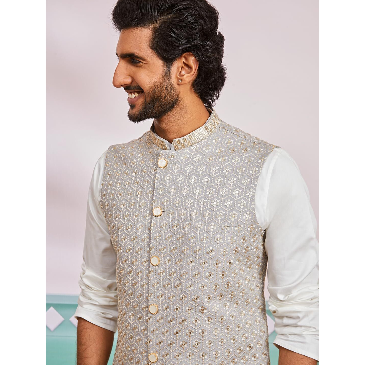 VASTRAMAY Men's Gray - Nehru Jacket - This men's embroidered Nehru jacket,perfect blend of elegance and tradition.