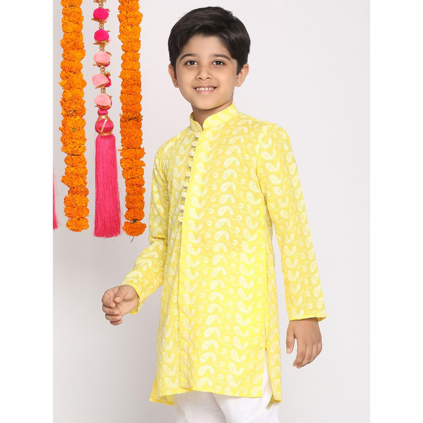 VASTRAMAY Boys' Mustard Chikankari Kurta  Handcrafted Ethnic Wear for Holi & Eid