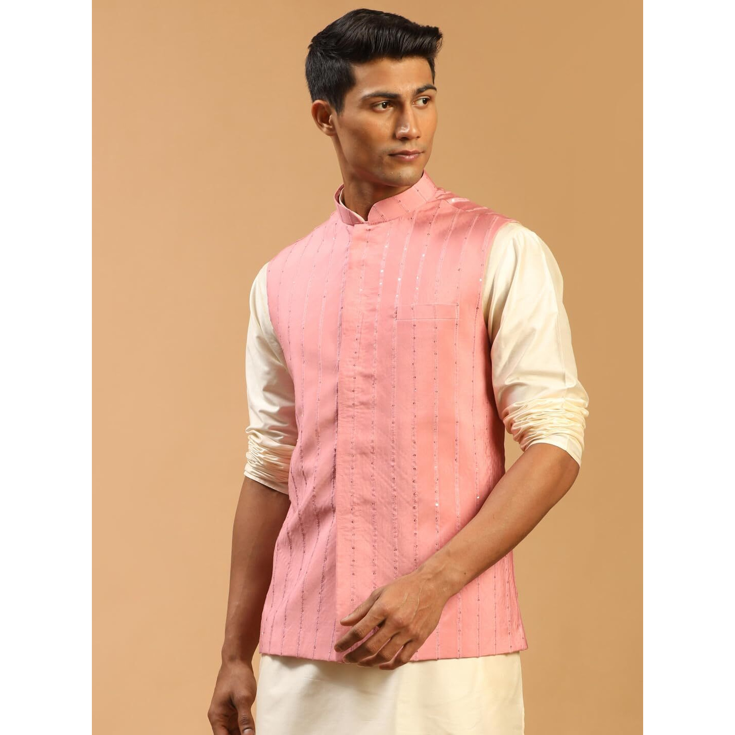VASTRAMAY Men's Pink Cotton Blend Nehru Jacket | Chanderi sequins Nehru Jacket for Men