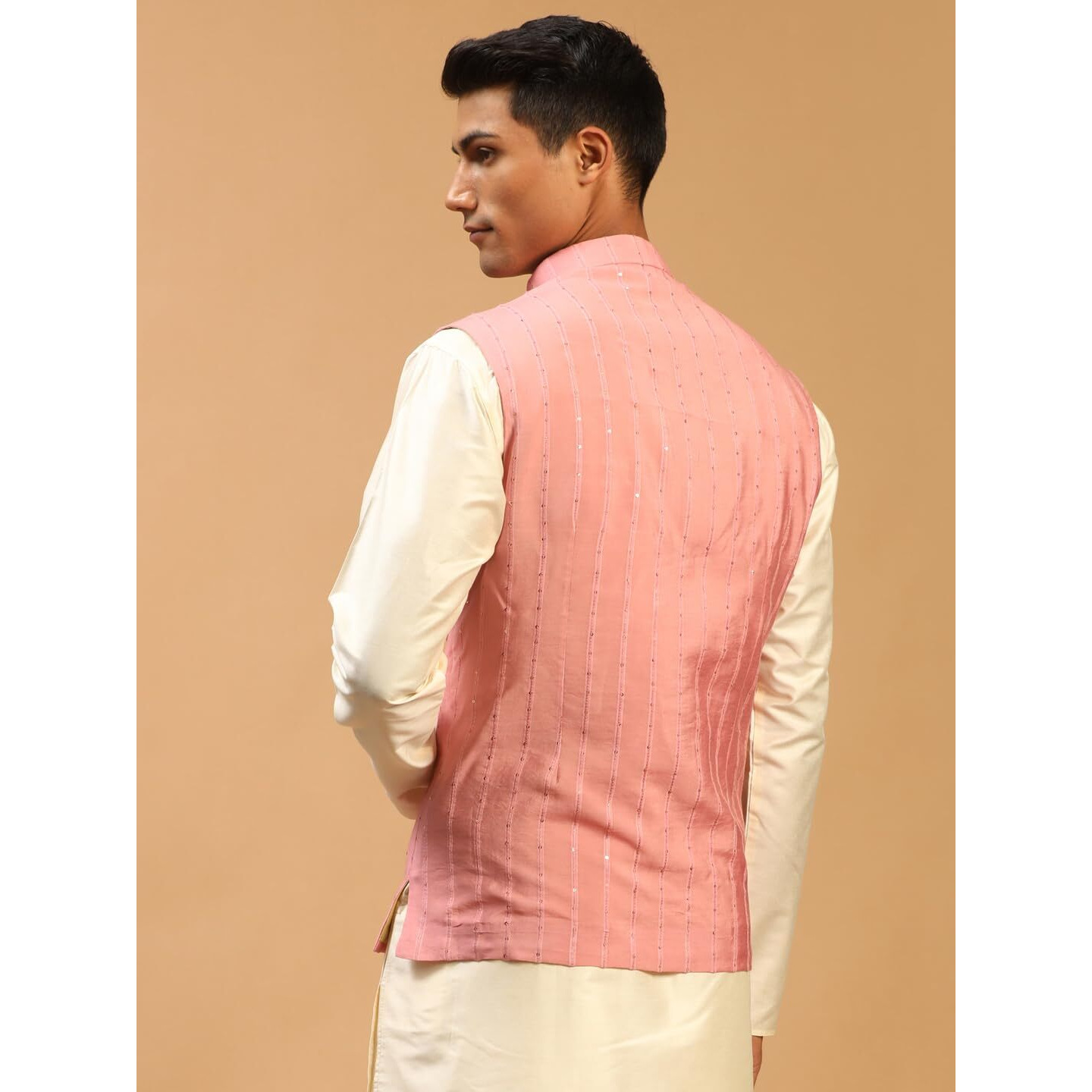 VASTRAMAY Men's Pink Cotton Blend Nehru Jacket | Chanderi sequins Nehru Jacket for Men