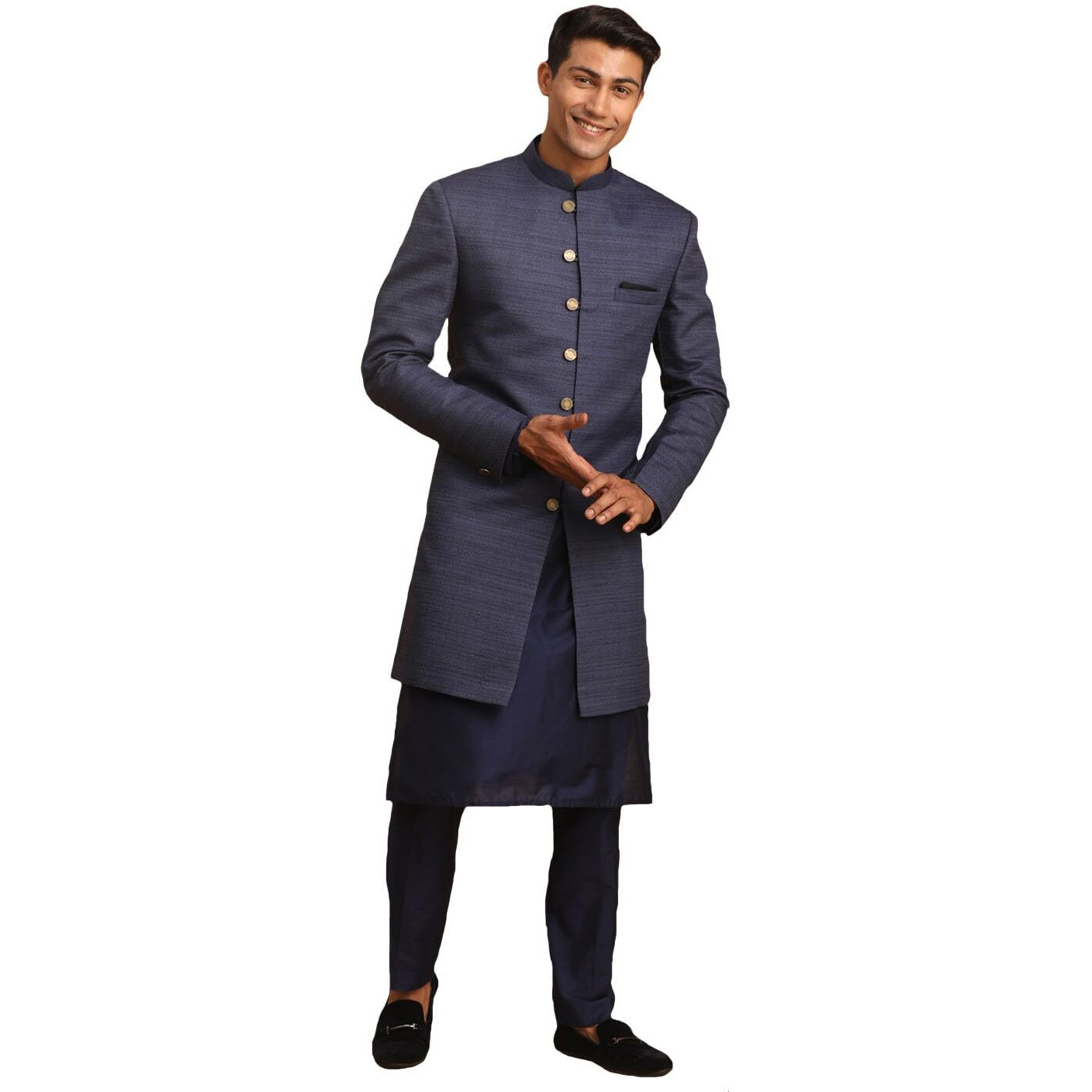 VASTRAMAY Men's Navy Blue Cotton Blend Ethnic Combo Set_VASMIW032NBnK169NBnPANT002NB_42