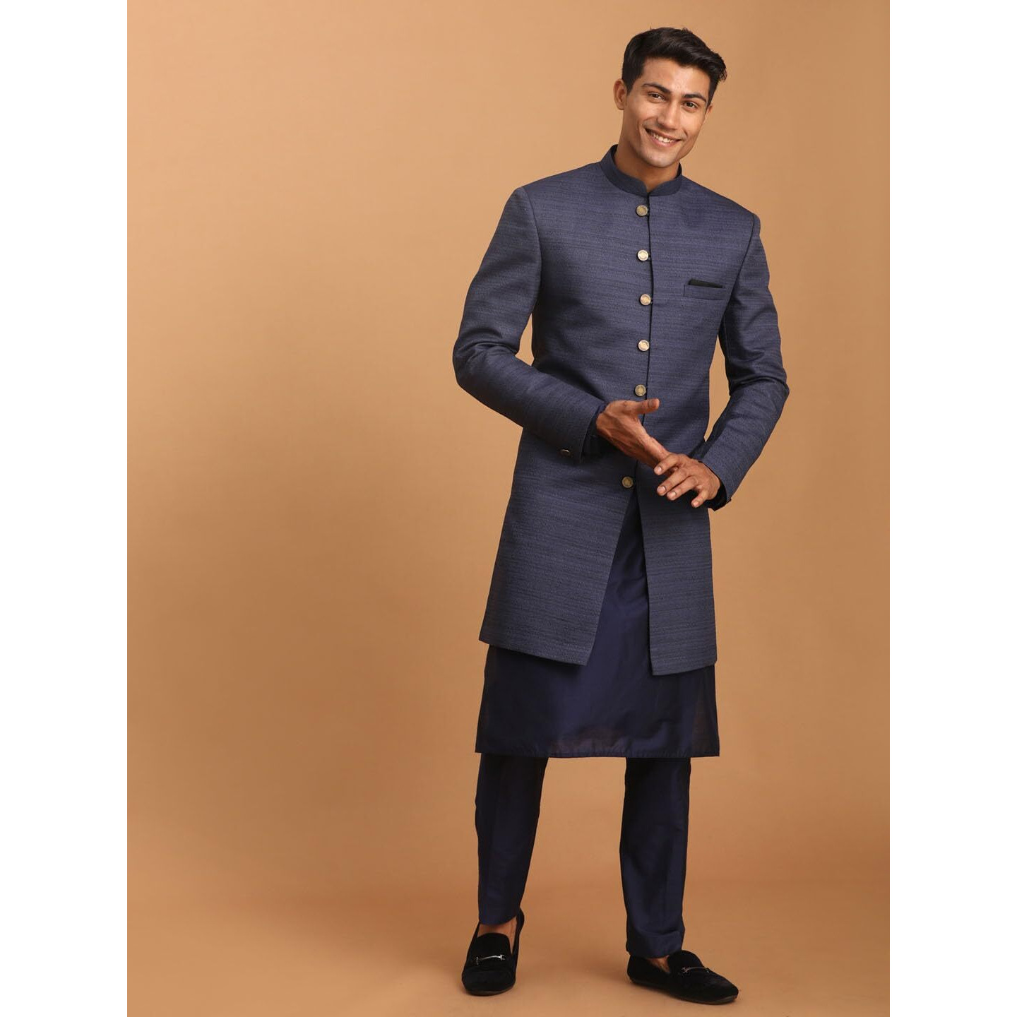 VASTRAMAY Men's Navy Blue Cotton Blend Ethnic Combo Set_VASMIW032NBnK169NBnPANT002NB_42