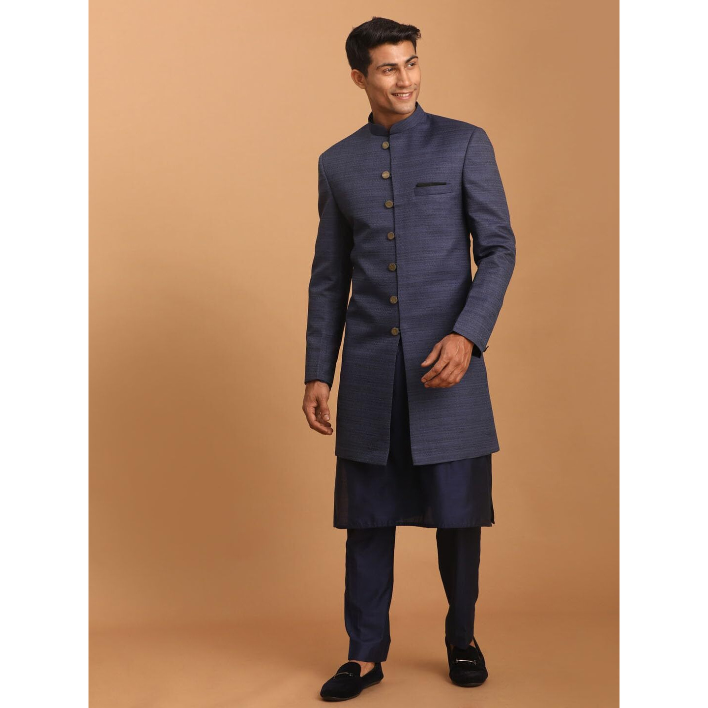 VASTRAMAY Men's Navy Blue Cotton Blend Ethnic Combo Set_VASMIW032NBnK169NBnPANT002NB_42