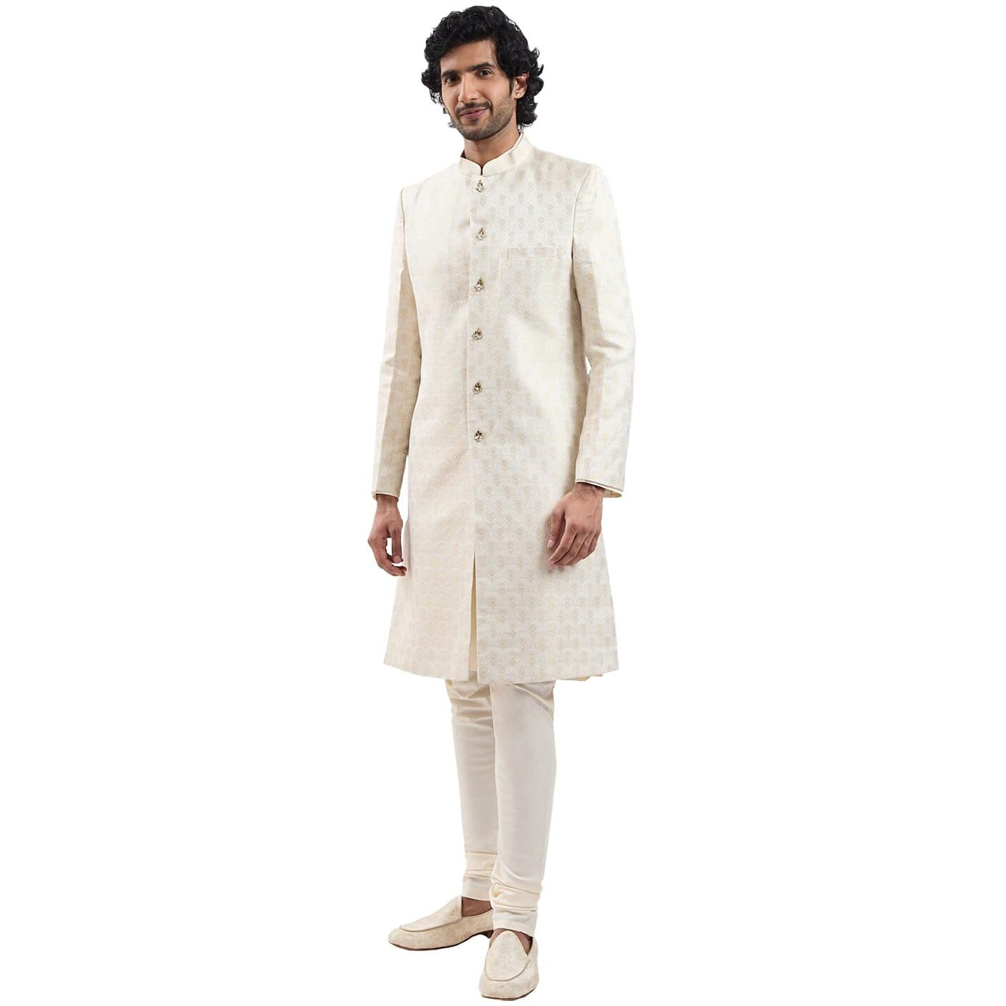 VASTRAMAY Men's Cream And Gold Silk Blend Sherwani Set - Step Into Refined Elegance With This Luxurious Silk Blend Jacquard Sherwani With Kurta And Pyjama.