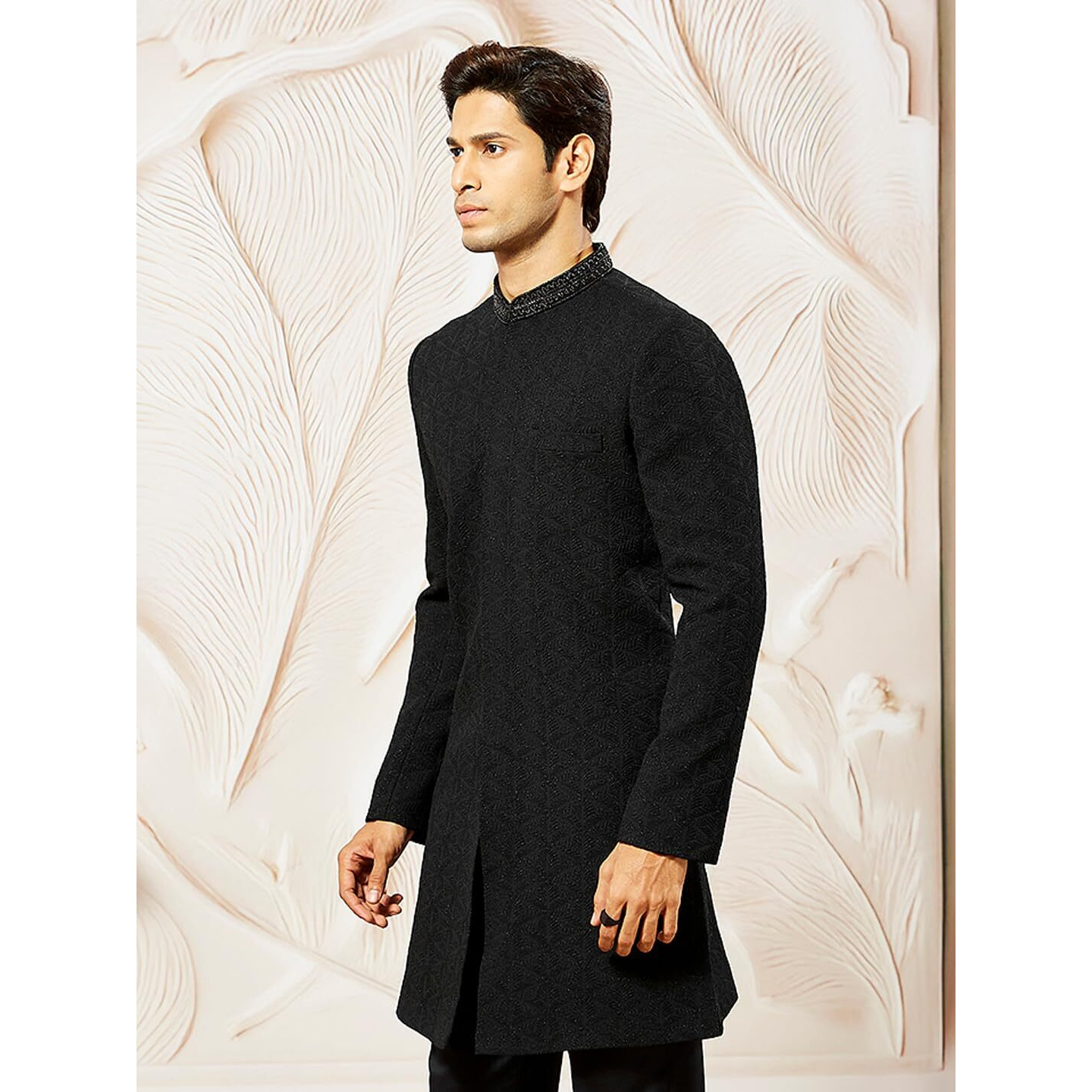 VASTRAMAY Men's Black Silk Blend Indo Western Top Only, Silk Blend Emboss Fabric Indo Western For Men, Traditional Indian Wear for Weddings & Festivals
