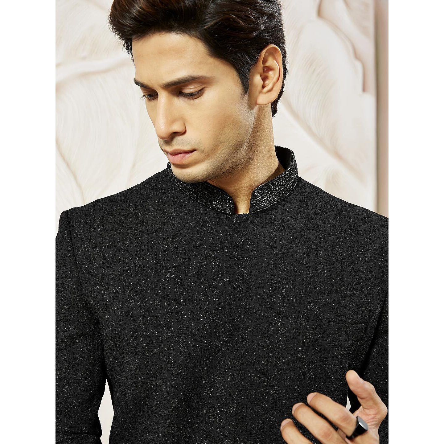 VASTRAMAY Men's Black Silk Blend Indo Western Top Only, Silk Blend Emboss Fabric Indo Western For Men, Traditional Indian Wear for Weddings & Festivals