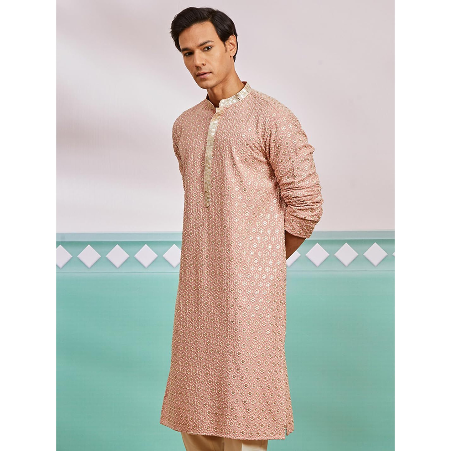 VASTRAMAY Men's Peach Rayon Kurta - This Men's Kurta exudes Elegance with its Intricate Design and Sophisticated Color Palette.