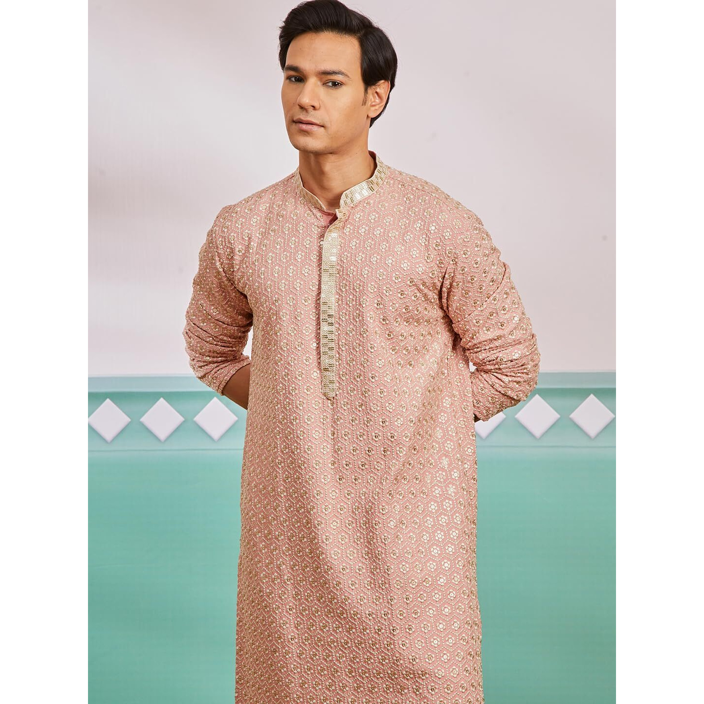 VASTRAMAY Men's Peach Rayon Kurta - This Men's Kurta exudes Elegance with its Intricate Design and Sophisticated Color Palette.