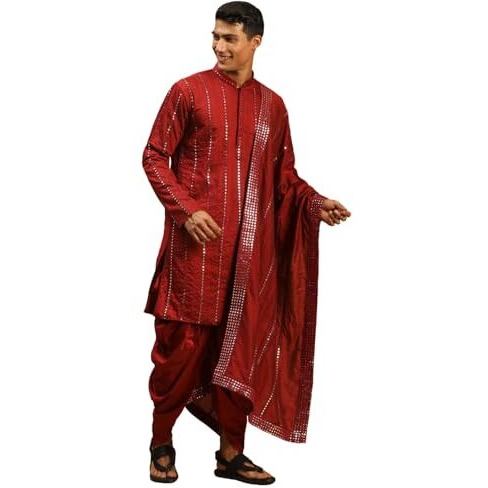 VASTRAMAY Men's Maroon Viscose Kurta and Dhoti Set | Mirror work Embellished Viscose Kurta With Cowl Pattern Dhoti Set And embellished Dupatta