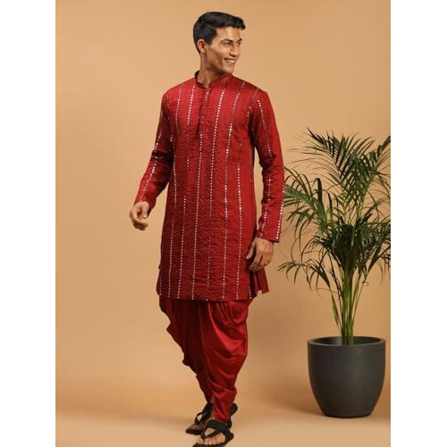 VASTRAMAY Men's Maroon Viscose Kurta and Dhoti Set | Mirror work Embellished Viscose Kurta With Cowl Pattern Dhoti Set And embellished Dupatta