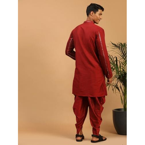 VASTRAMAY Men's Maroon Viscose Kurta and Dhoti Set | Mirror work Embellished Viscose Kurta With Cowl Pattern Dhoti Set And embellished Dupatta
