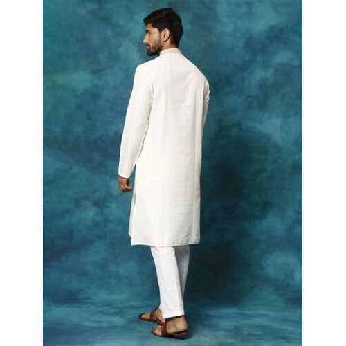 VASTRAMAY Men's Cream And White Cotton Blend Solid Kurta Pyjama Set - L_VASMK156CRnPANT003WH_40