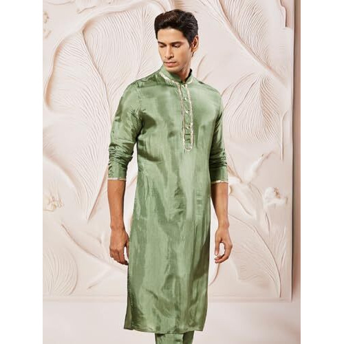 VASTRAMAY Men's Green Tissue Silk Kurta Pyjama Set - Perfect for Weddings and Festivals