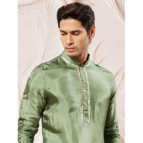 VASTRAMAY Men's Green Tissue Silk Kurta Pyjama Set - Perfect for Weddings and Festivals