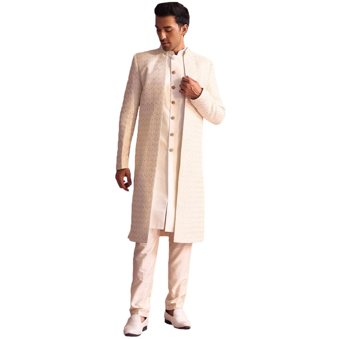 VASTRAMAY Men's Cream Silk Blend Sherwani Set_VASMIW221CRnMIW222CRnPANT002CR_40