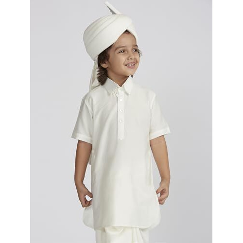 VASTRAMAY Boys' B White Viscose Kurta Lungi And Safa set