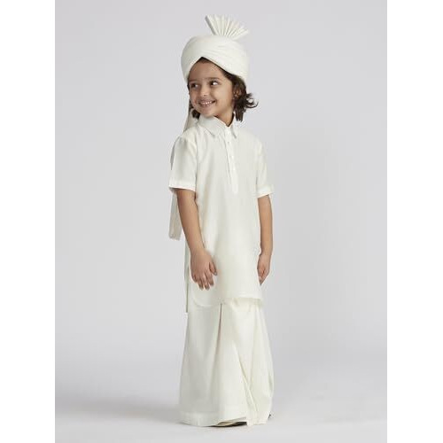 VASTRAMAY Boys' B White Viscose Kurta Lungi And Safa set
